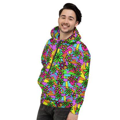 Vivid multicoloured patterned unisex hoodie with a floral and geometric 60s flower power style all-over design