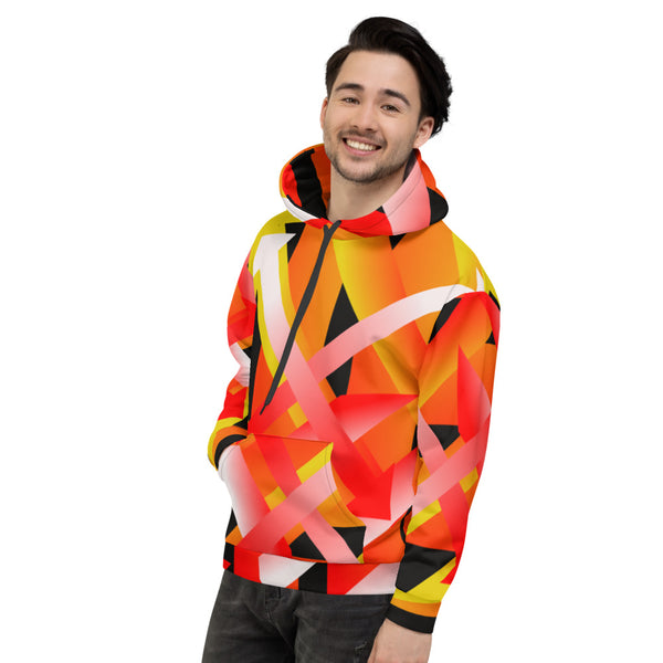 90s retro style geometric patterned hoodie in tones of orange, red, yellow, black and white by BillingtonPix