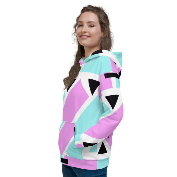 90s style colourful geometric pattern sweatshirt pullover with pastel shapes of pink and turquoise and black and white by BillingtonPix
