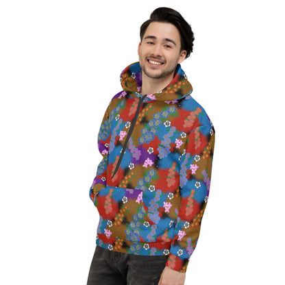 multicoloured floral pattern against fluffy clouds in a retro style 90s design on this patterned unisex hoodie pullover by BillingtonPix