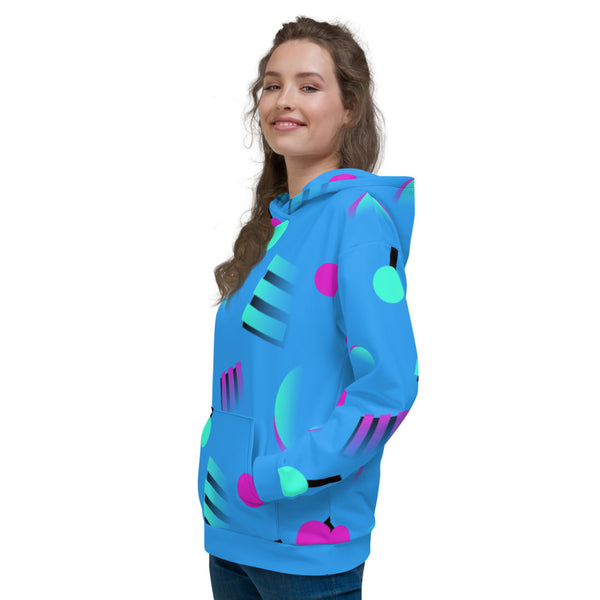 Colourful blue hoodie with an 80s Memphis and 90s Vaporwave inspired geometric pattern, consisting of large circular and square shapes in pink and mint against a blue background on this hoodie pullover by BillingtonPix
