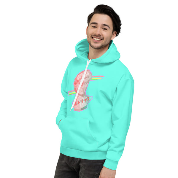 Retrowave design hoodie pullover in a 90s Dreamwave style featuring Michelangelo's David containing a grid format overlay and a gradient pastel tone from pink to blue. In the background, behind the statue bust, are some 90s disco stripes and at the base is the Japanese word レトリック or Rhetoric. The bust contains a turquoise blue glitch which protrudes from the left hand side. Surrounding the entire composition is a pastel pink outline on this turquoise pastel aesthetic hoodie top by BillingtonPix