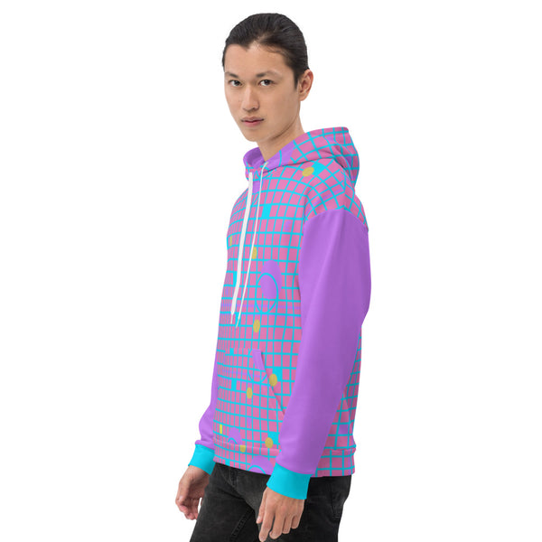 Harajuku geometric patterned unisex hoodie sweater in mauve, pink, blue and yellow, consisting of a grid background in mauve and pink and 80s Memphis design. Arms are in matching mauve purple with turquoise cuffs on these festival hoodies by BillingtonPix