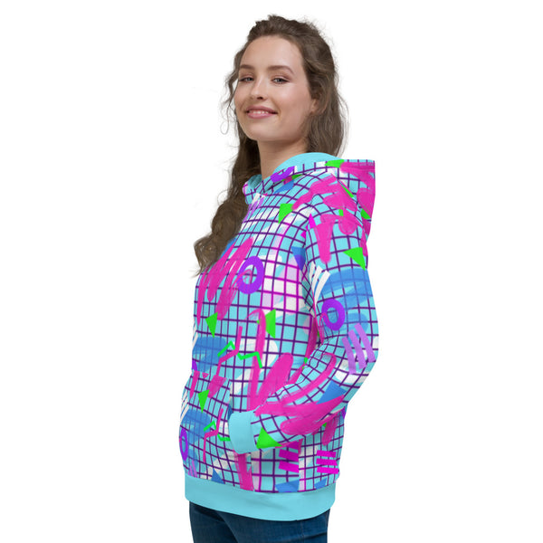Colourful squiggles and geometric shapes in an 80s Memphis design and 90s Vaporwave style in pink, purple, green and blue, unisex hoodie top pullover by BillingtonPix