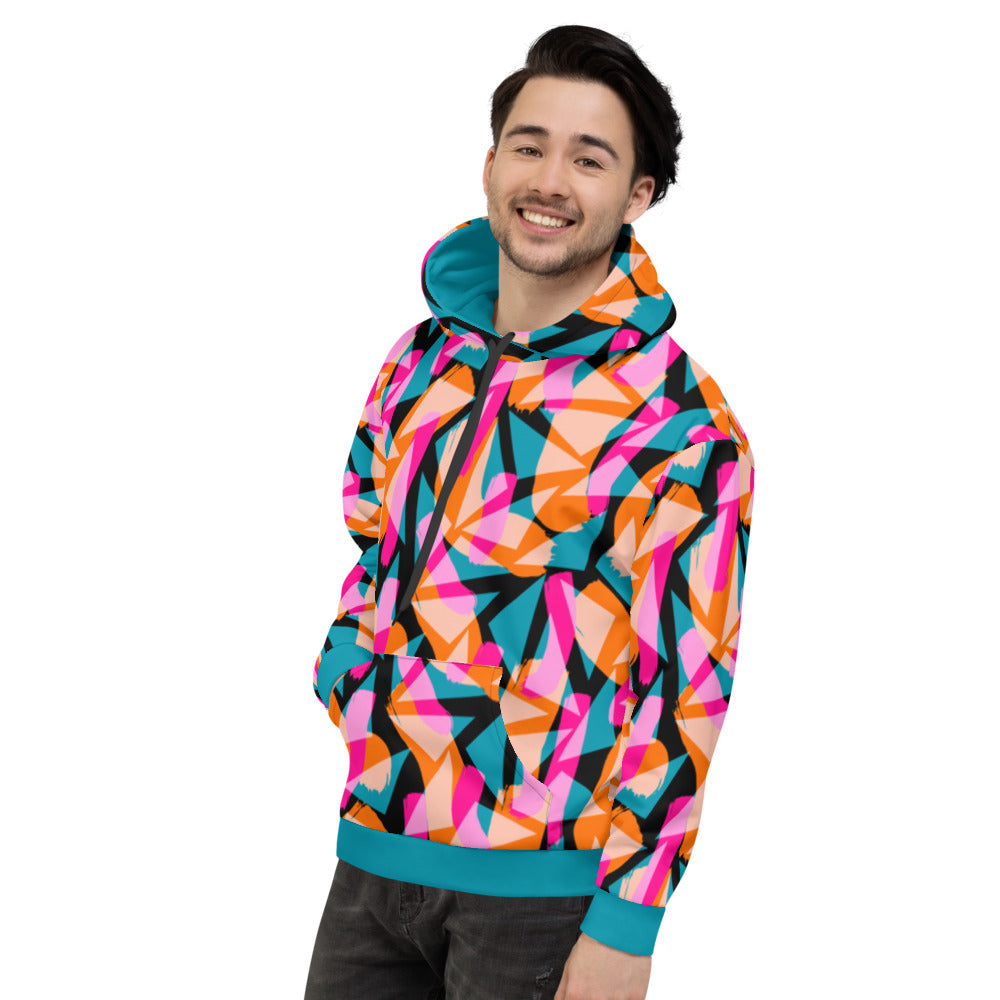 Geometric patterned 90s Memphis design men's hoodie streetwear athleisure streetwear fashion in colorful tones of pink, turquoise green and orange against a black background on this Harajuku design hoodie pullover by BillingtonPix