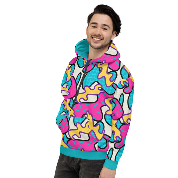 Retro 80s Memphis style unisex hoodie with a curvy pattern of pink, turquoise and yellow shapes and a turquoise trim along the waist and cuffs with turquoise lining inside the hood, by BillingtonPix