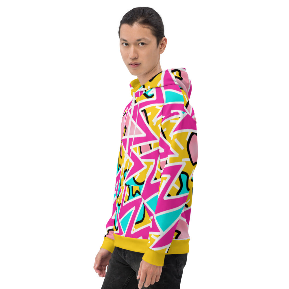 Geometric and abstract pattern in tones of pink, blue and orange on this funky hoodie by BillingtonPix