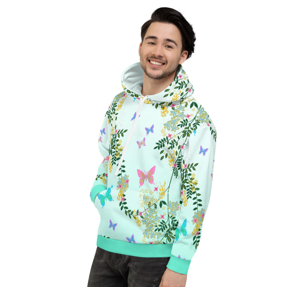 Vaporwave Cottagecore mashup design with a floral and butterfly pattern in rainbow colours against a turquoise blue fade background on this unisex hoodie by BillingtonPix