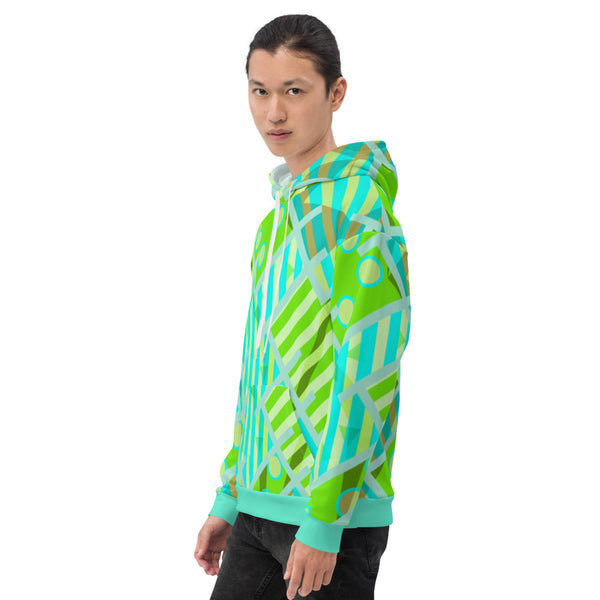 Green and turquoise patterned unisex hoodie with a retro 80s Memphis style design with Harajuku aesthetic. for men and women 
