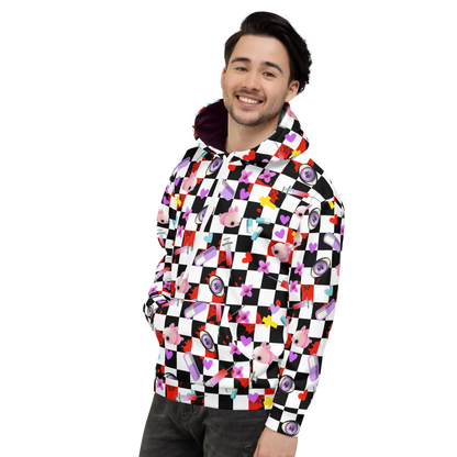 Yami Kawaii Harajuku Anime design unisex hoodie with a black and white chequered background, containing a number of Menhera Kei and Pop Kei references such as kawaii pink mice, yellow crosses, pastel goth spooky eyes, splatters of blood, hearts and cute looking pills. This hoodie jumper is something you might want to wear as streetwear festivals or rave fashion. Design by BillingtonPix