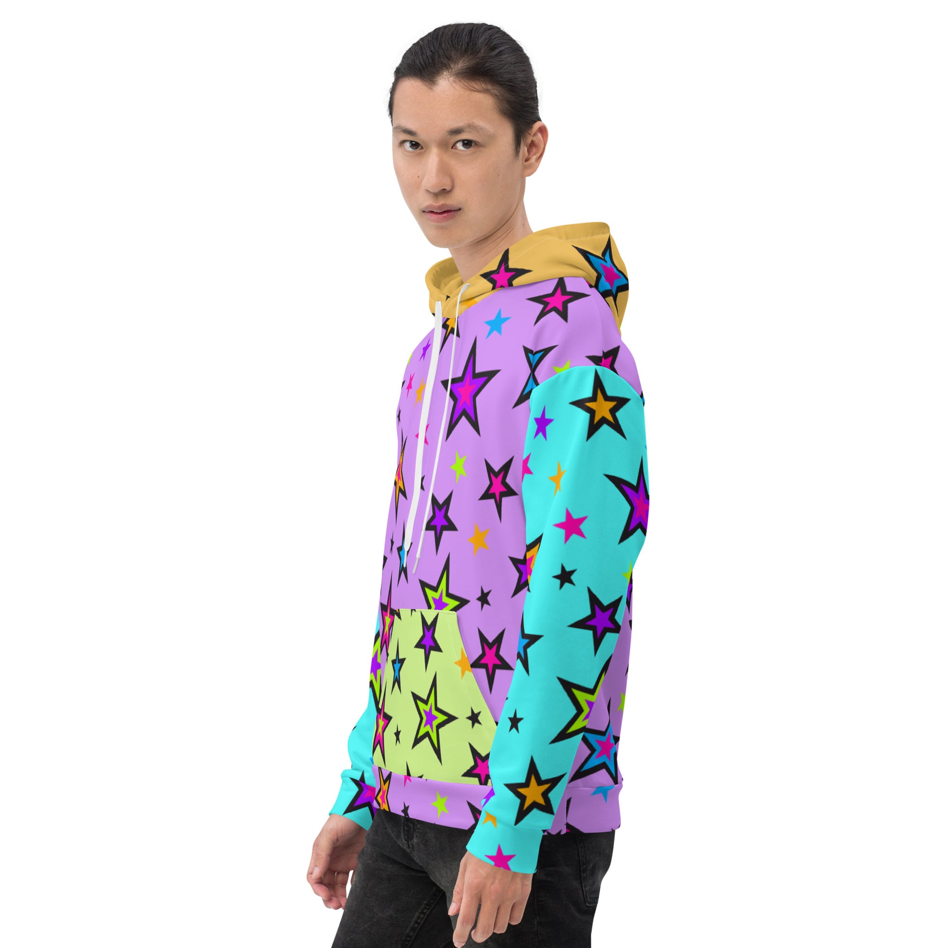 Festival Color Block Hoodie Kawaii Stars | EDC Rave Gear Retro 80s EMO Style Clubbing Outfit | Fun Harajuku Pop Kei Streetwear Fashion. Vibrant starry patterned hoodie sweatshirt with blue arms, purple torso, orange hood & lime green kangaroo pocket