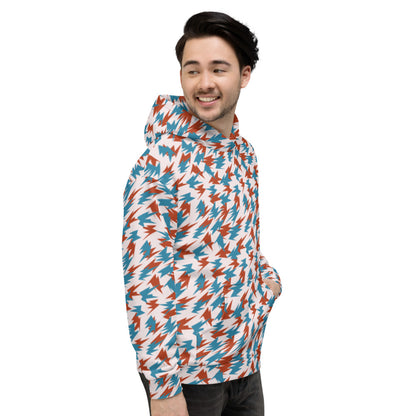 Orange and teal turquoise blue geometric bird-like shapes on a cream background in this 90s retro style unisex hoodie by BillingtonPix