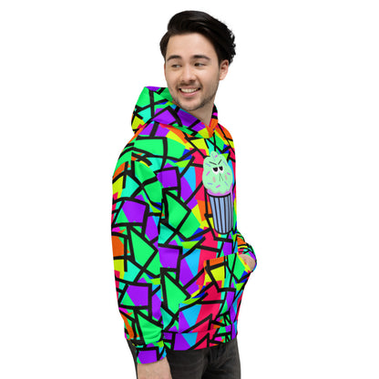 Geometric 80s pattern in multicoloured geometric shapes including red, purple, yellow, green and orange with a corresponding black geometric pattern outline overlay. Featuring a grumpy mint and mauve coloured cupcake with sprinkles on the front of this unisex printed hoodie by BillingtonPix