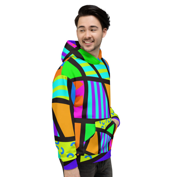 80s Memphis retro style hoodie with bold colours and geometric shapes and a black geometric overlay by BillingtonPix