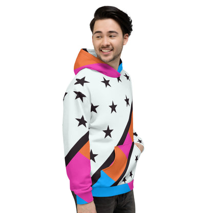 80s Memphis stars and stripes design in bold colours and shapes including pink, blue, orange, black and white with black stars on this contemporary hoodie by BillingtonPix