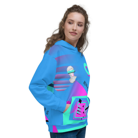 80s and 90s Vaporwave style design fused with 80s Memphis design on this gorgeous blue unisex hoodie by BillingtonPix. Contains geometric shapes and vibrant 80s style colours including turquoise and pink together with Japanese script and Michaelangelo's David.
