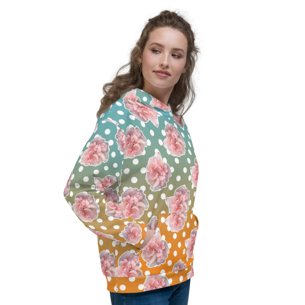 Gorgeous rose and polka dot design hoodie with pink roses and a blue and orange fade background by BillingtonPix