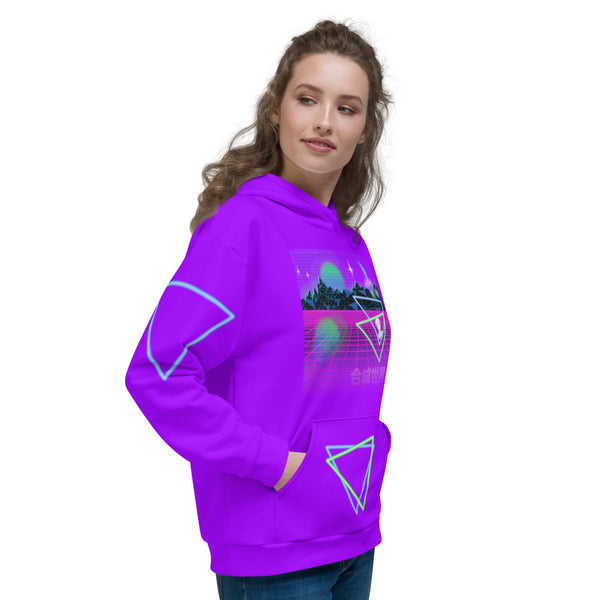 Vibrant purple neonwave, retrowave, vaporwave and synthwave style hoodie with complex front image of a synthetic landscape with pink grid and metallic mountain range with neon triangles and Michelangelo's David sculpture in the foreground. On the front pocket and on each arm are further neon coloured triangles in green and blue. BillingtonPix design unisex hoodie pullover.