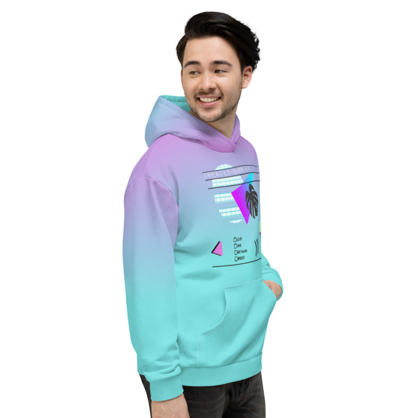Japanese vaporwave design hoodie top by BillingtonPix, containing gradient turquoise to pink background and geometric shapes and symbols on the front, including vintage sunset and monstera in 80s style graph paper design, grumpy cupcakes, checkboxes including Lo Fi, VHS, Betamax and Brexit options and the Japanese script このたわごとから私を取得します translated as Get me out of this shit. Makes the perfect Otaku fashion.