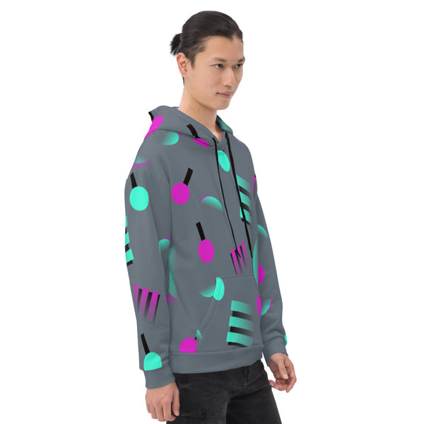 Colourful grey hoodie with an 80s Memphis and 90s Vaporwave inspired geometric pattern, consisting of large circular and square shapes in pink and mint against a blue background on this hoodie pullover by BillingtonPix