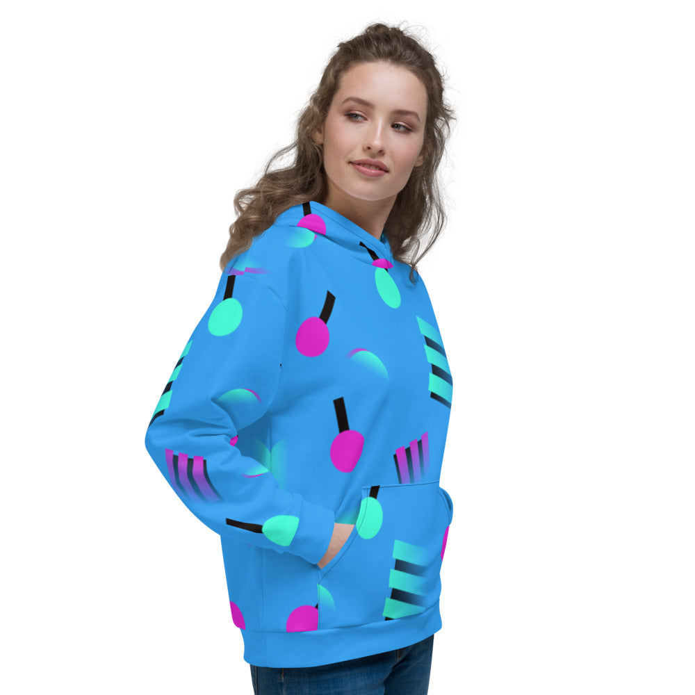 Colourful blue hoodie with an 80s Memphis and 90s Vaporwave inspired geometric pattern, consisting of large circular and square shapes in pink and mint against a blue background on this hoodie pullover by BillingtonPix