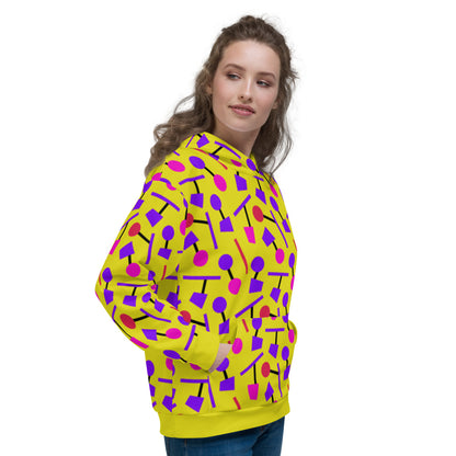 Yellow hoodie pullover in an 80s Memphis style design with purple, pink and black geometric shapes on this hoodie by BillingtonPix