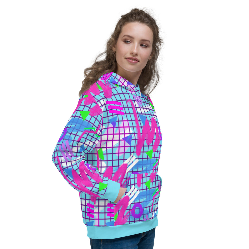 Colourful squiggles and geometric shapes in an 80s Memphis design and 90s Vaporwave style in pink, purple, green and blue, unisex hoodie top pullover by BillingtonPix