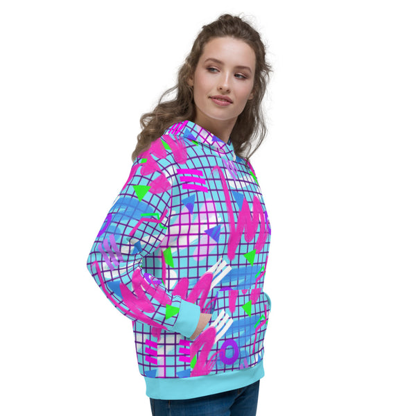 Colourful squiggles and geometric shapes in an 80s Memphis design and 90s Vaporwave style in pink, purple, green and blue, unisex hoodie top pullover by BillingtonPix