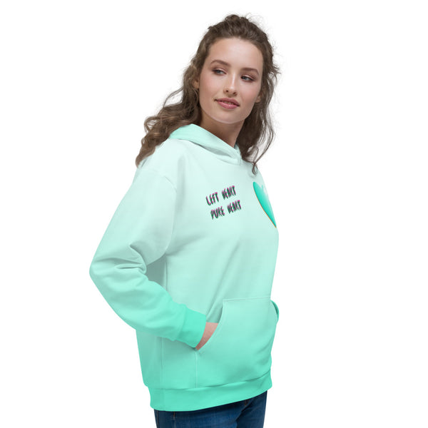 Mint green fade effect unisex hoodie with a shiny green heart and the slogan Left Heart Pure Heart in glitch effect on this Harajuku political hoodie top by BillingtonPix