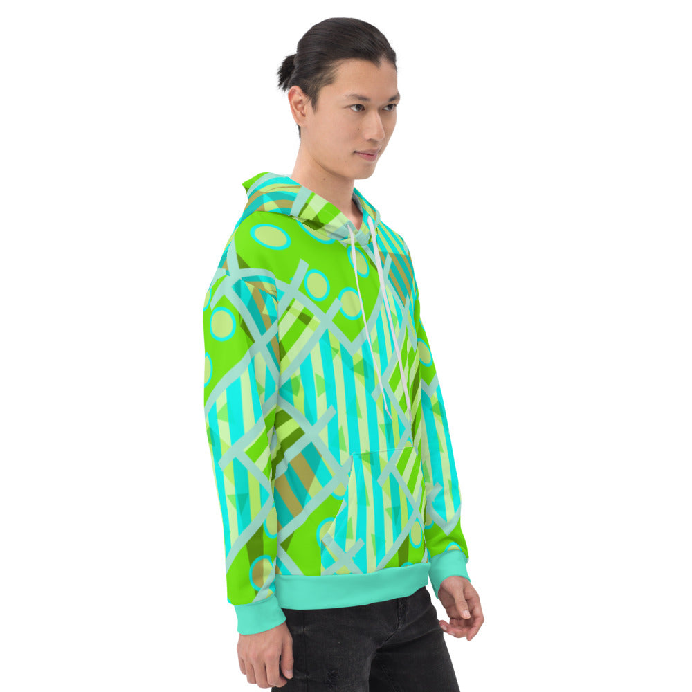 Green and turquoise patterned unisex hoodie with a retro 80s Memphis style design with Harajuku aesthetic. for men and women 