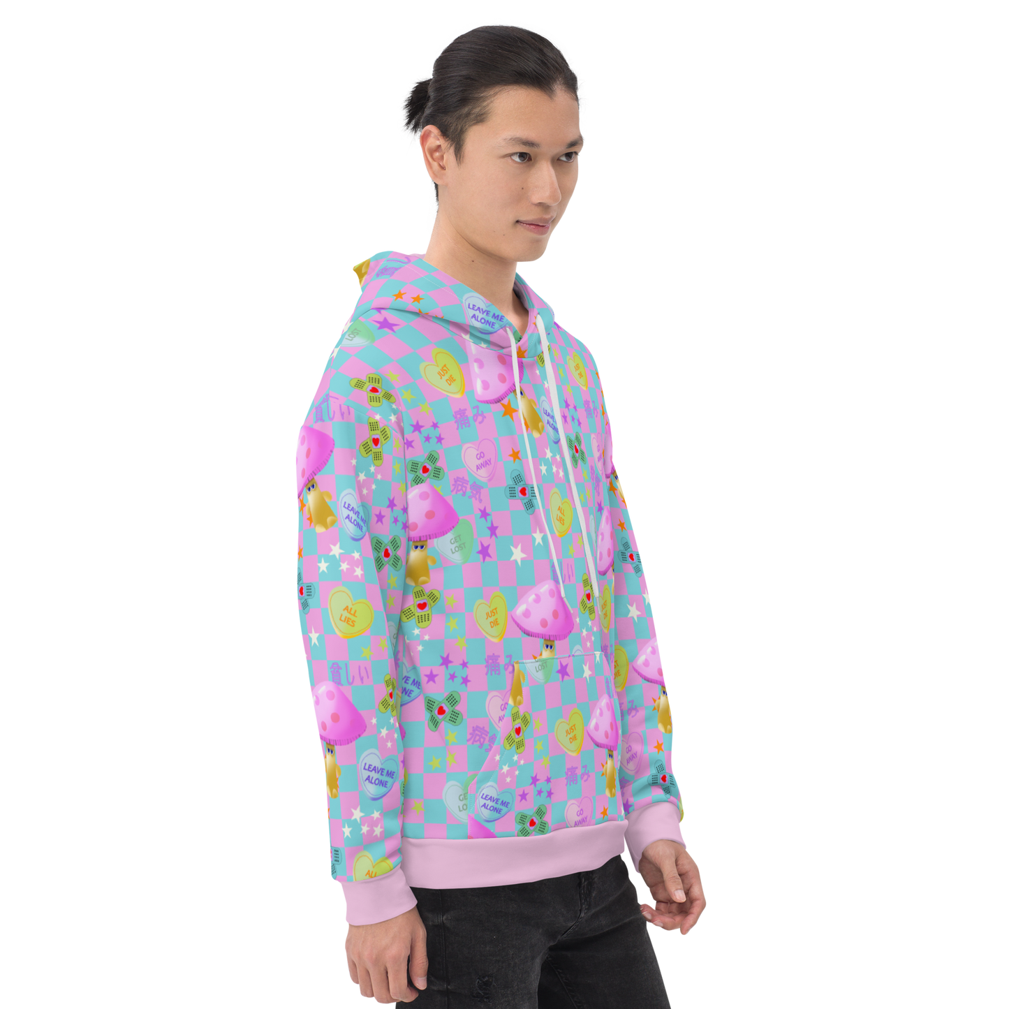 Fairy Kei Harajuku and Yume Kawaii Japanese streetwear style hoodie. With a chequered design in baby blue and pink with an overlay of mean love hearts and Japanese words and phrases this hoodie fashion brings out the Yami Kawaii and Menhera Kei hurt and sorrow emotions.