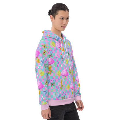 Fairy Kei Harajuku and Yume Kawaii Japanese streetwear style hoodie. With a chequered design in baby blue and pink with an overlay of mean love hearts and Japanese words and phrases this hoodie fashion brings out the Yami Kawaii and Menhera Kei hurt and sorrow emotions.