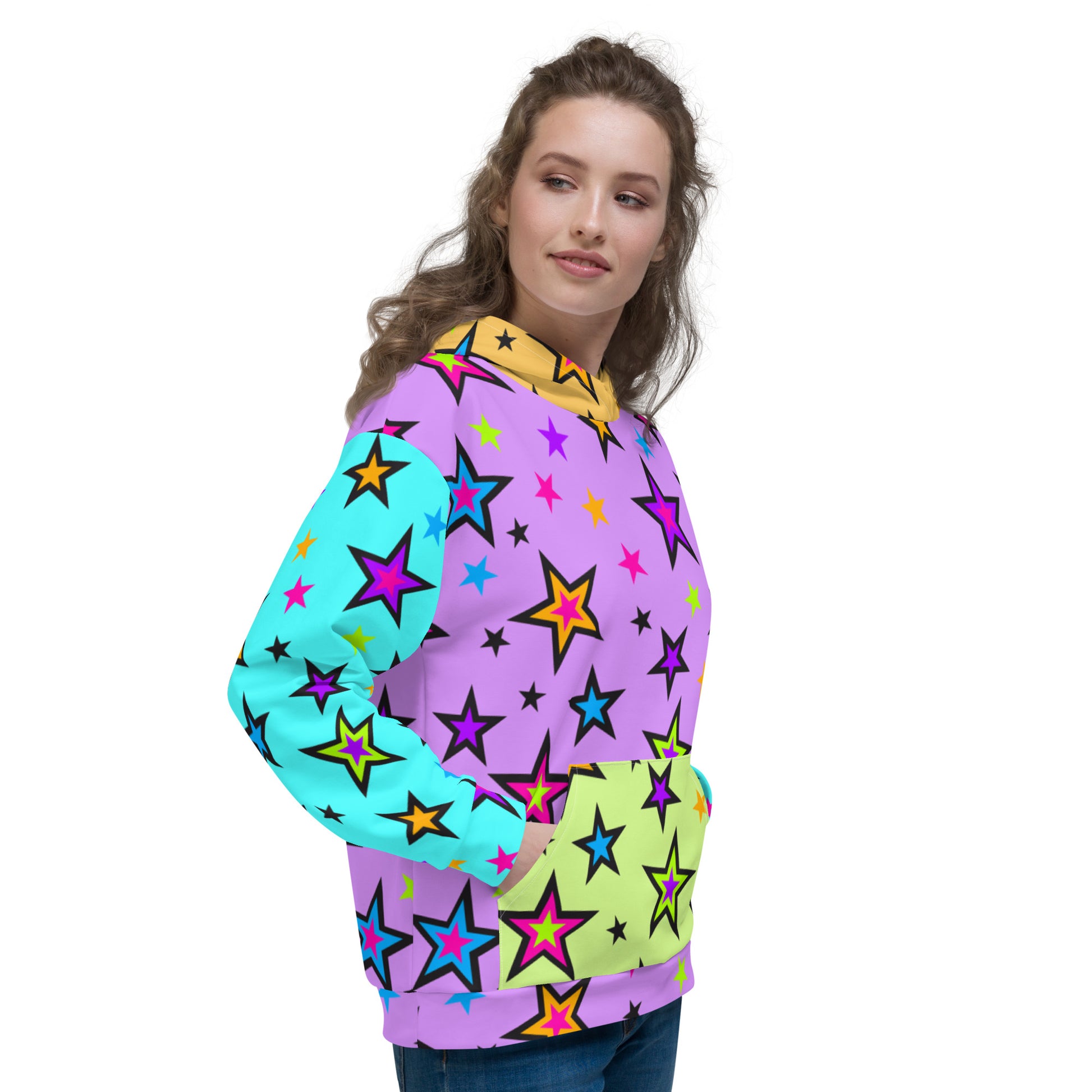 Festival Color Block Hoodie Kawaii Stars | EDC Rave Gear Retro 80s EMO Style Clubbing Outfit | Fun Harajuku Pop Kei Streetwear Fashion. Vibrant starry patterned hoodie sweatshirt with blue arms, purple torso, orange hood & lime green kangaroo pocket