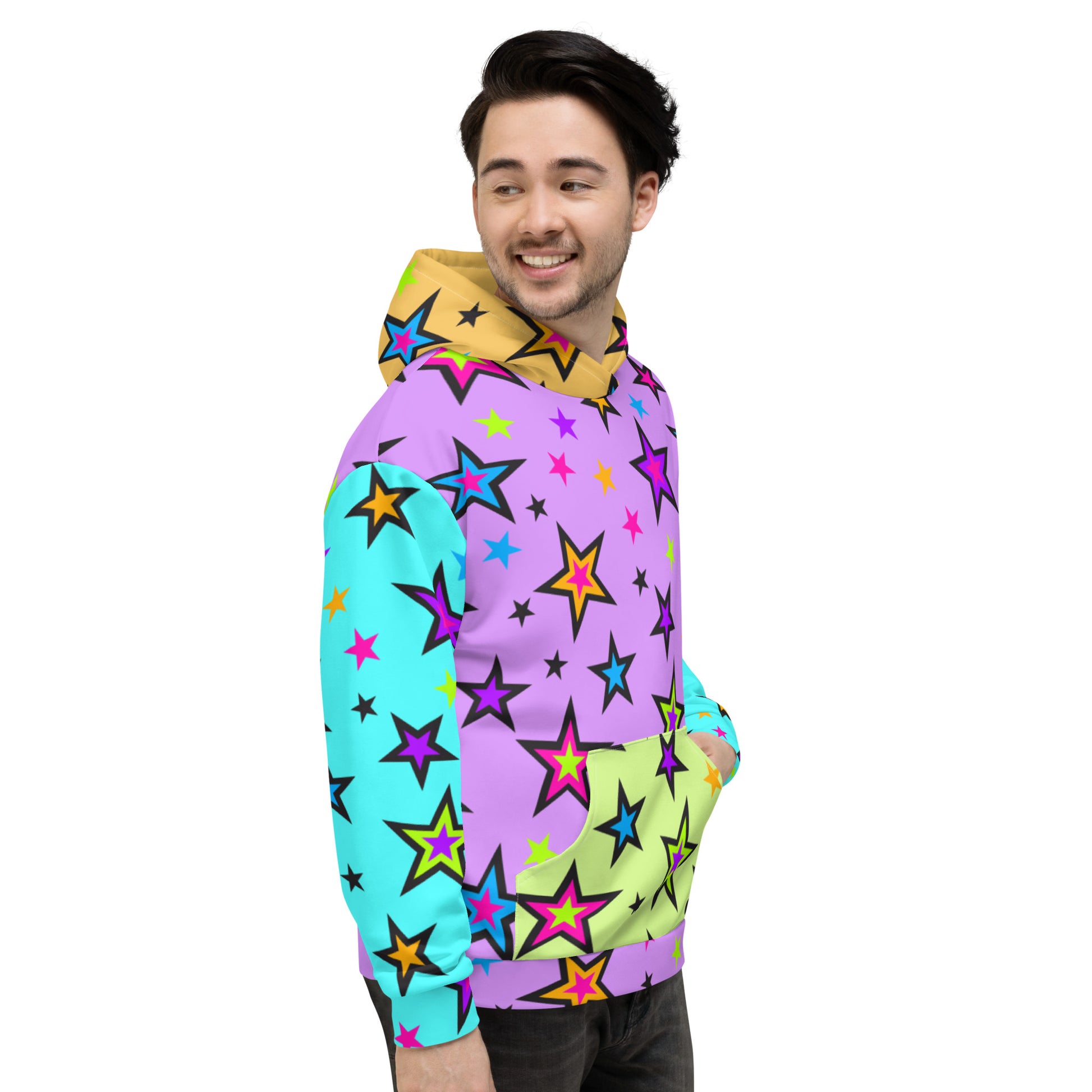 Festival Color Block Hoodie Kawaii Stars | EDC Rave Gear Retro 80s EMO Style Clubbing Outfit | Fun Harajuku Pop Kei Streetwear Fashion. Vibrant starry patterned hoodie sweatshirt with blue arms, purple torso, orange hood & lime green kangaroo pocket