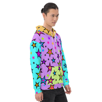 Festival Color Block Hoodie Kawaii Stars | EDC Rave Gear Retro 80s EMO Style Clubbing Outfit | Fun Harajuku Pop Kei Streetwear Fashion. Vibrant starry patterned hoodie sweatshirt with blue arms, purple torso, orange hood & lime green kangaroo pocket