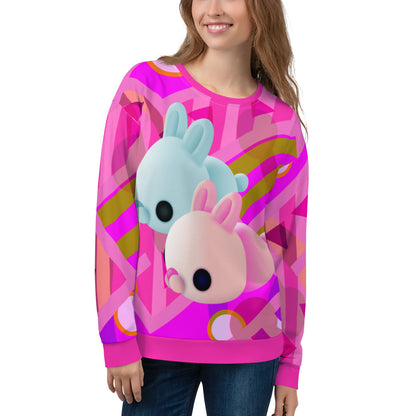 Pink geometric patterned retro 80s style kawaii harajuku pullover jumper with cute mochi bunny rabbits by BillingtonPix