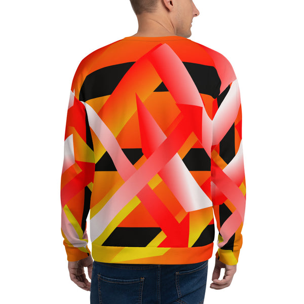 90s retro style geometric patterned sweatshirt in tones of orange, red, yellow, black and white by BillingtonPix