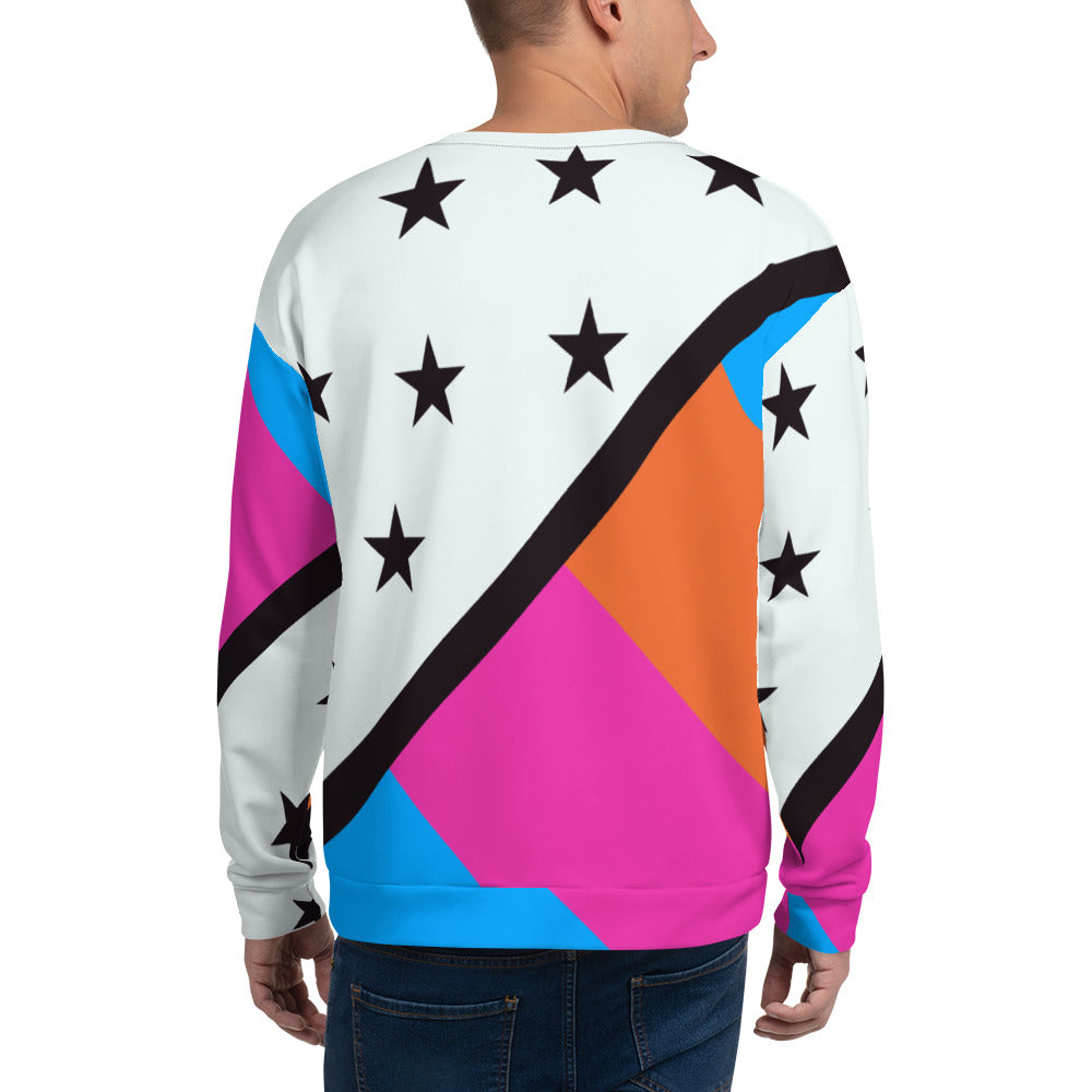 80s Memphis style sweatshirt with black stars and blue, orange and pink stripes by BillingtonPix