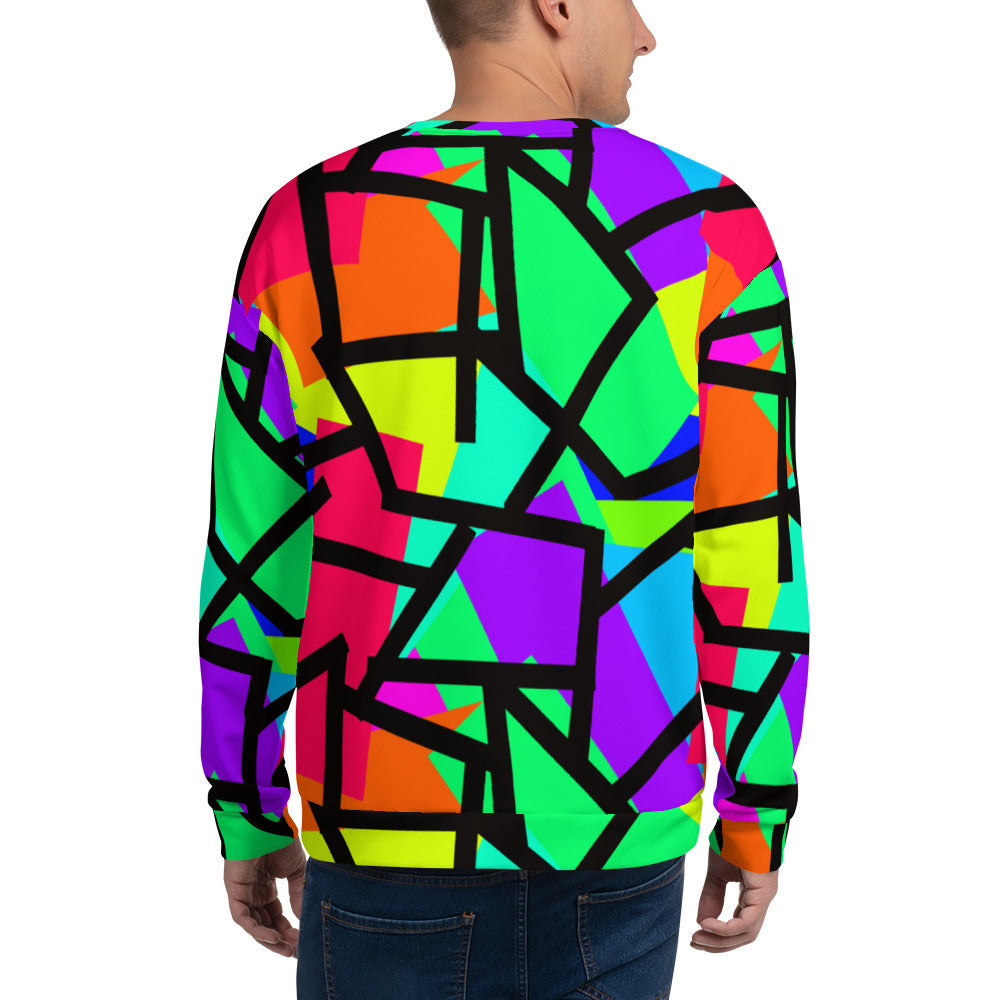 Bright and colourful geometric patterned design in orange, green, purple, blue, red and turquoise with a black geometric overlay on this sweatshirt by BillingtonPix