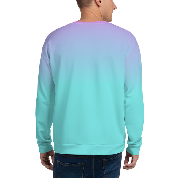 Japanese vaporwave design sweat shirt by BillingtonPix, containing gradient turquoise to pink background and geometric shapes and symbols including vintage sunset and monstera in 80s style graph paper design, grumpy cupcakes, checkboxes including Lo Fi, VHS, Betamax and Brexit options and the Japanese script このたわごとから私を取得します translated as Get me out of this shit.