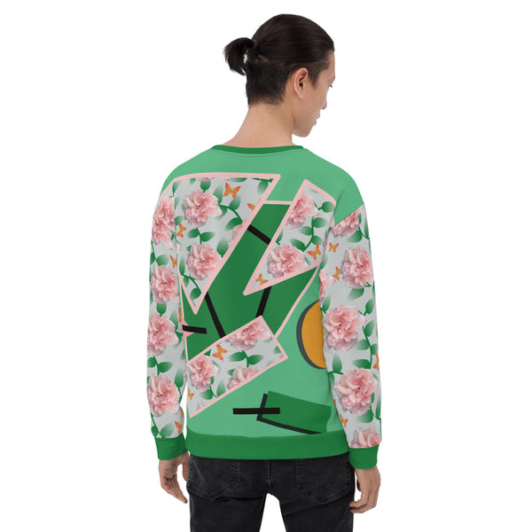 Geometric shapes of pink English country roses, green leaves and orange butterflies in a Cottagecore style, together with other 80s Memphis style geometric shapes in orange, green and pink against a paler green background on the front and back of this eccentric sweatshirt, with matching pink rose floral patterned sleeves, with darker green cuffs, hem and neckline by BillingtonPix