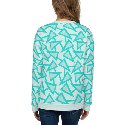 Popular 80s Memphis triangular theme of geometric triangle shapes connected with stalks in a turquoise and mint colour palette on this sweatshirt pullover by BillingtonPix