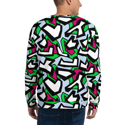 Funky patterned sweatshirt in a geometric 80s Memphis design all-over pattern, in black, white, red and green against a pale blue background on this sweater or pullover by BillingtonPix