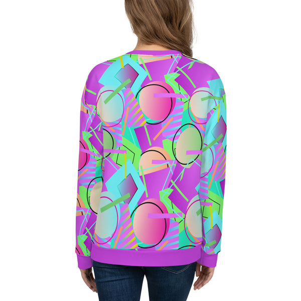 80s Memphis design unisex sweatshirt athleisure top in a vibrant geometric all-over pattern of circles, squares and stripes in tones of blue, magenta purple, orange and green by BillingtonPix