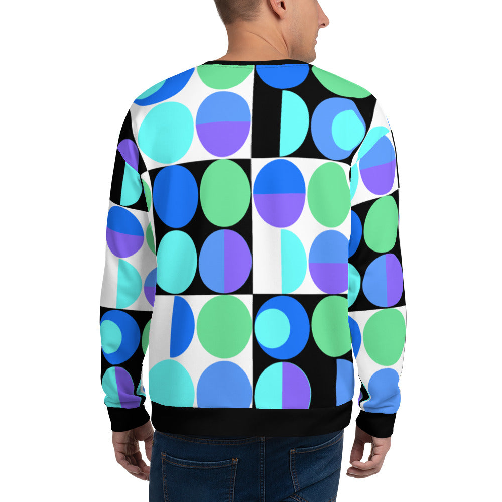 80s Memphis Bauhaus design sweatshirt in geometric pattern of circles and squares and half shapes in tones of blue, purple and green on this unique mid-century style sweatshirt by BillingtonPix