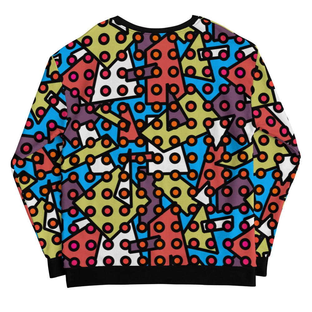 Dots and geometric shapes design in a pseudo retro style 80s Memphis design on this all-over patterned sweatshirt pullover by BillingtonPix