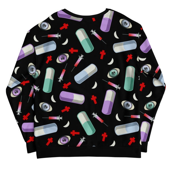 Pastel Goth Menhera Kei aesthetic all over print sublimation with pills, syringes, crosses and eyeballs for a Yami Kawaii fashion look on this black sweatshirt sweater by Billingtonpix