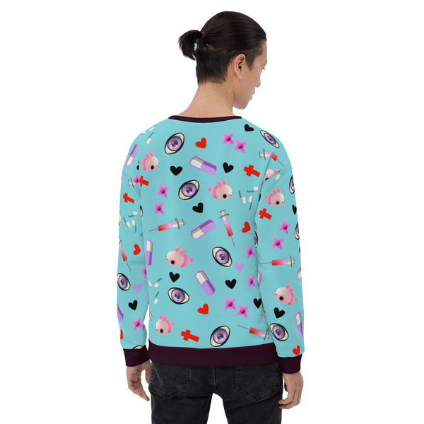Turquoise Menhera Kei Yami Harajuku fashion sweatshirt, containing a collection of Menhera Kei symbols such as pills, syringes, spooky eyes, crosses and black hearts by BillingtonPix