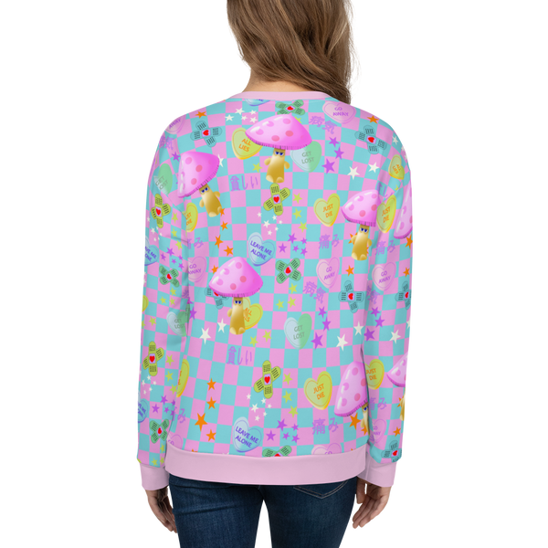 Fairy Kei Harajuku and Yume Kawaii Japanese streetwear style sweatshirt. With a chequered design in baby blue and pink with an overlay of mean love hearts and Japanese words and phrases this sweater brings out the Yami Kawaii and Menhera Kei hurt and sorrow emotions.