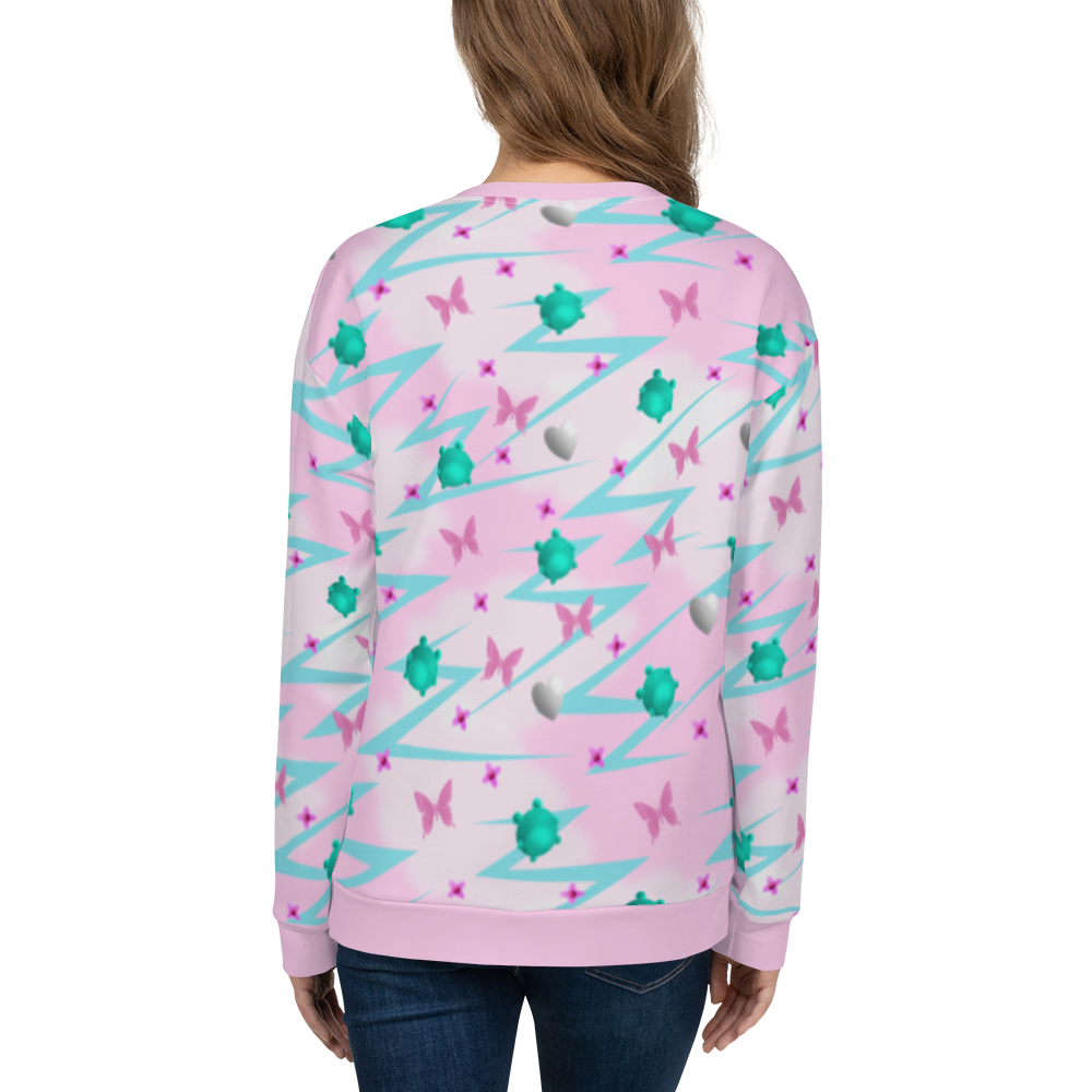 Stunning Yume Kawaii pink Fairy Kei Harajuku aesthetic design unisex sweatshirt, with turquoise blue frogs and pink butterflies, silver hearts and pink flowers in a mystical pattern of decora kei and pop kei design on this sweater by BillingtonPix